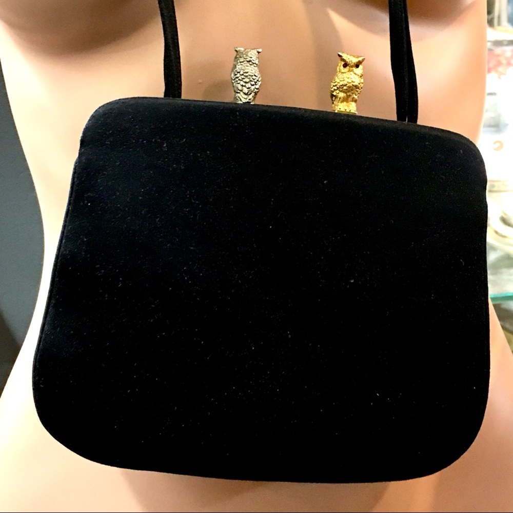 Judith Leiber Double Owl Closure Black Satin Purse